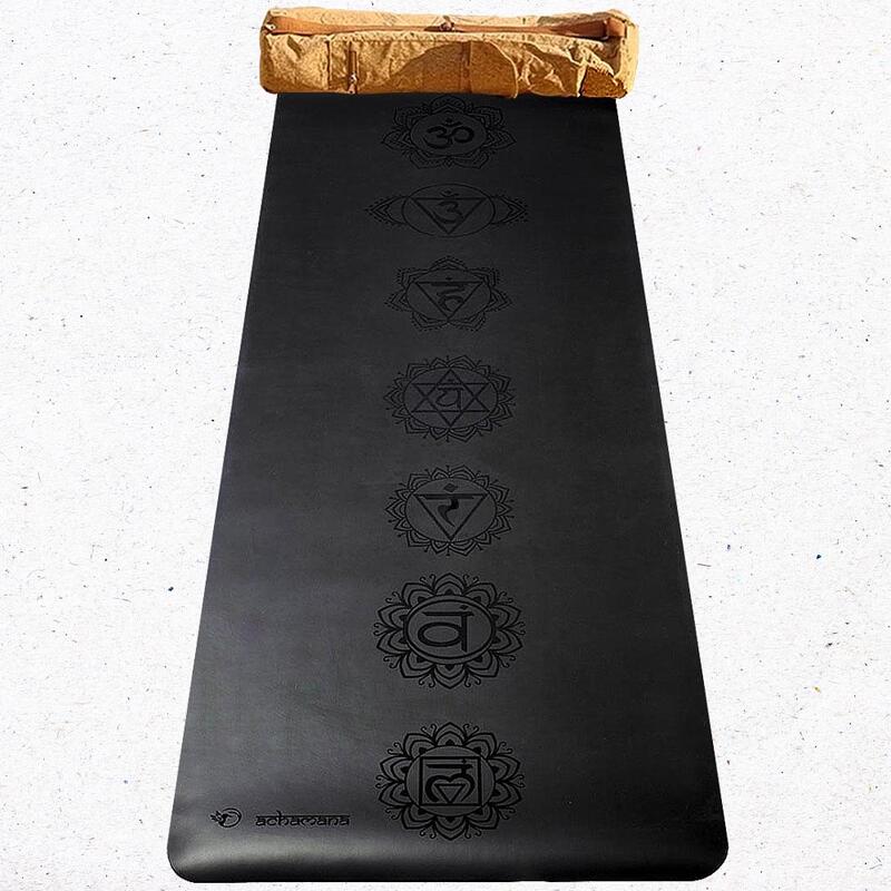 Tapis de yoga pro gomme de Caoutchouc-Similicuir 5mm - 7chakras + Sac yoga liège