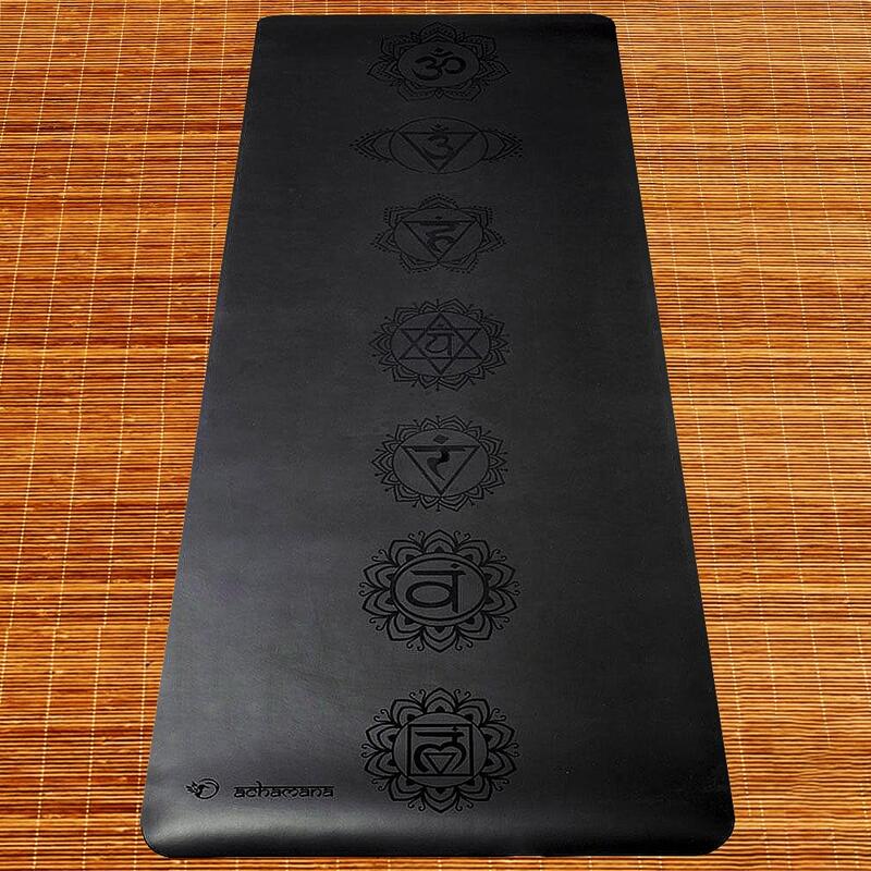 Tapis de yoga pro gomme de Caoutchouc-Similicuir 5mm - 7chakras + Sac yoga liège