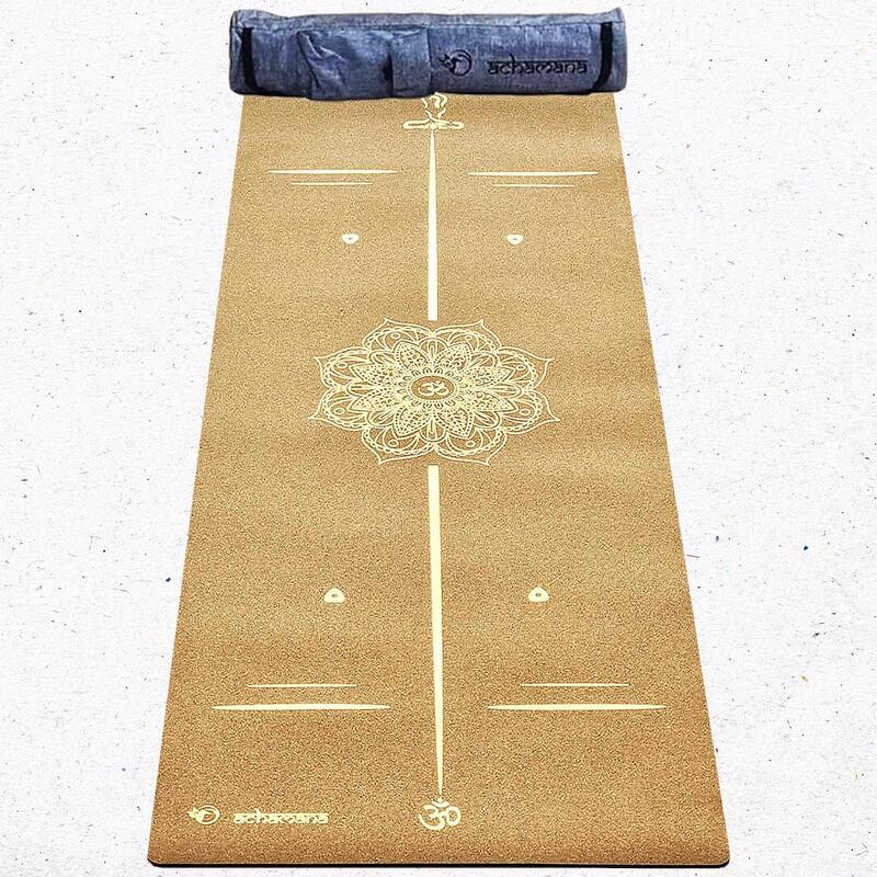 Tapis de yoga caoutchouc & liège 5mmx68cmx1,83m, Mandala Bodylines or +Sac yoga