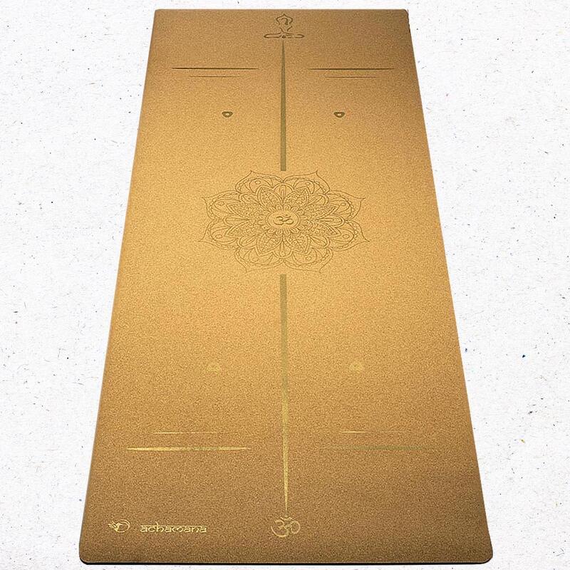 Tapete de ioga borracha-cortiça 5mmx68cmx1,83m, Mandala Bodylines ouro + Saco