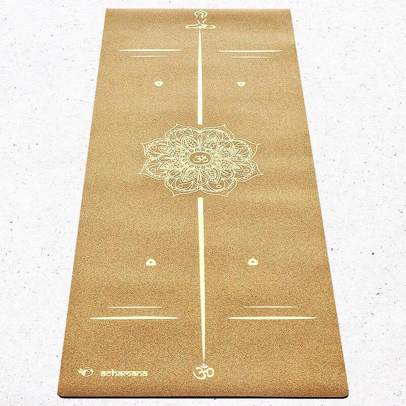 Tapis de yoga caoutchouc & liège 5mmx68cmx1,83m, Mandala Bodylines or +Sac yoga