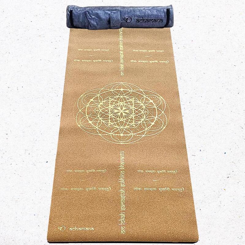 Tapis de yoga caoutchouc & liège 5mmx68cmx1,83m mantra de la Paix Or + sac yoga