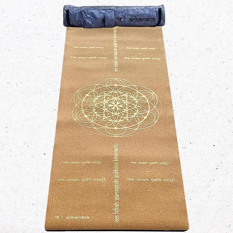 Yogamat rubber & kurk 5mmx68cmx1,83m Vredesmantra print Goud + yogatas