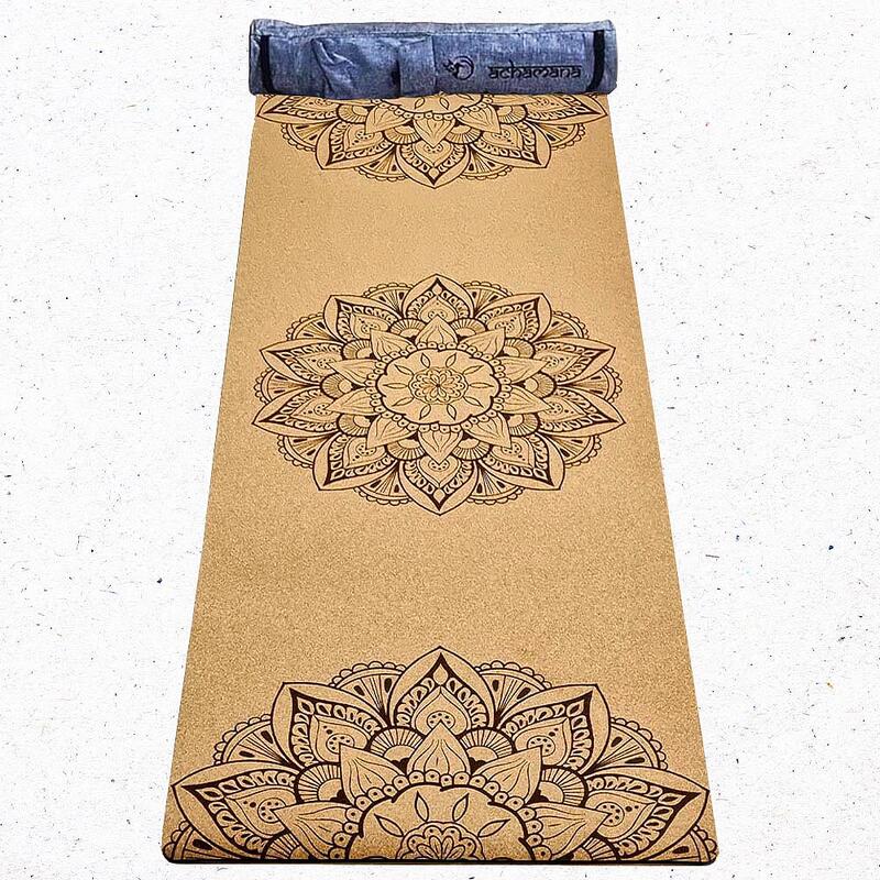 Tapis yoga liège new génération 3 plis, 6mmx68cmx1,83m, 3 mandalas + Sac de yoga