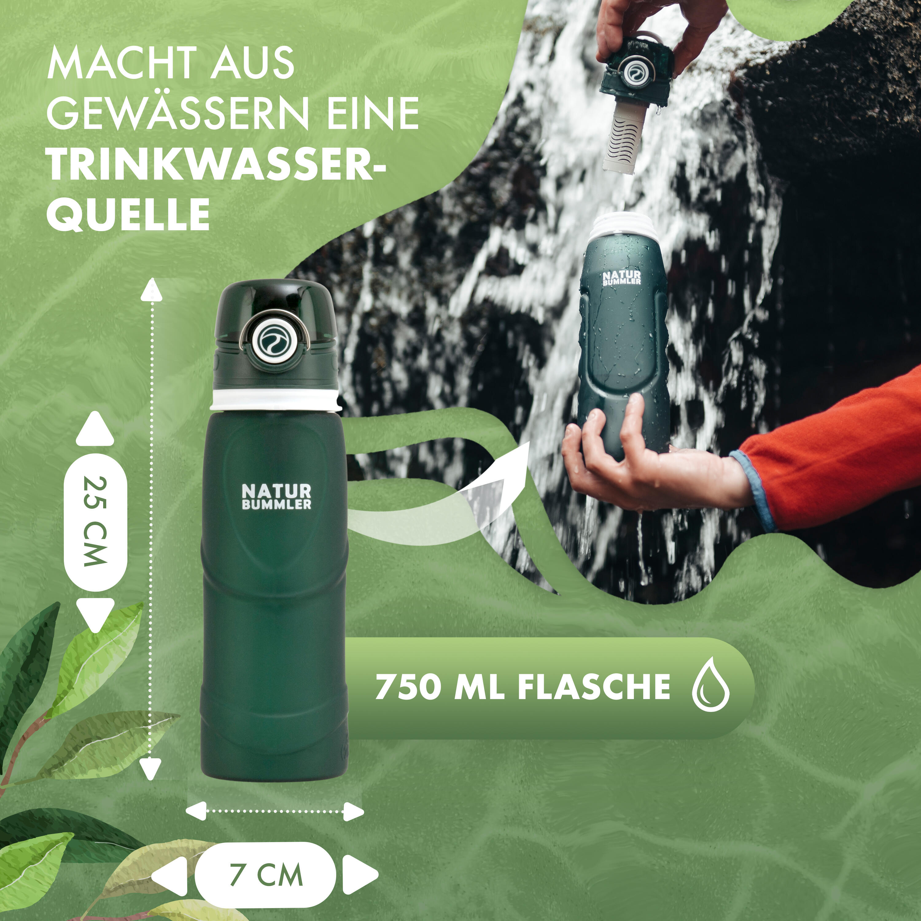 Wasserfilter Flasche [Co2-Neutral] inkl. Aufhänghaken + Faltfunktion 2/7
