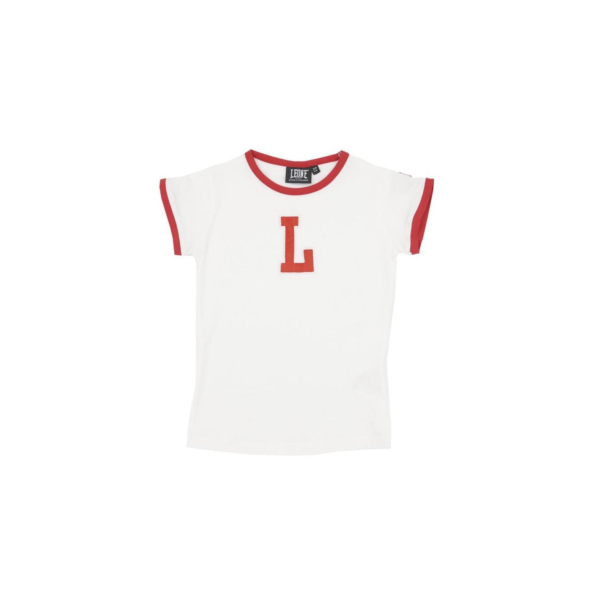 Dziewczęcy T-shirt z krótkim rękawem i uczelnią „L”.
