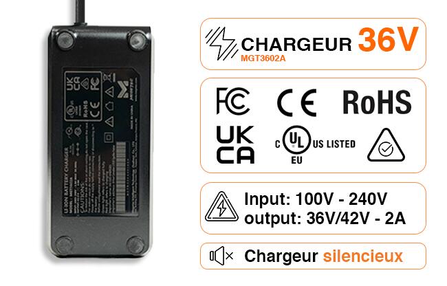 Chargeur 36V 2A pour batterie Lithium de vélo électrique prise JACK 4/5