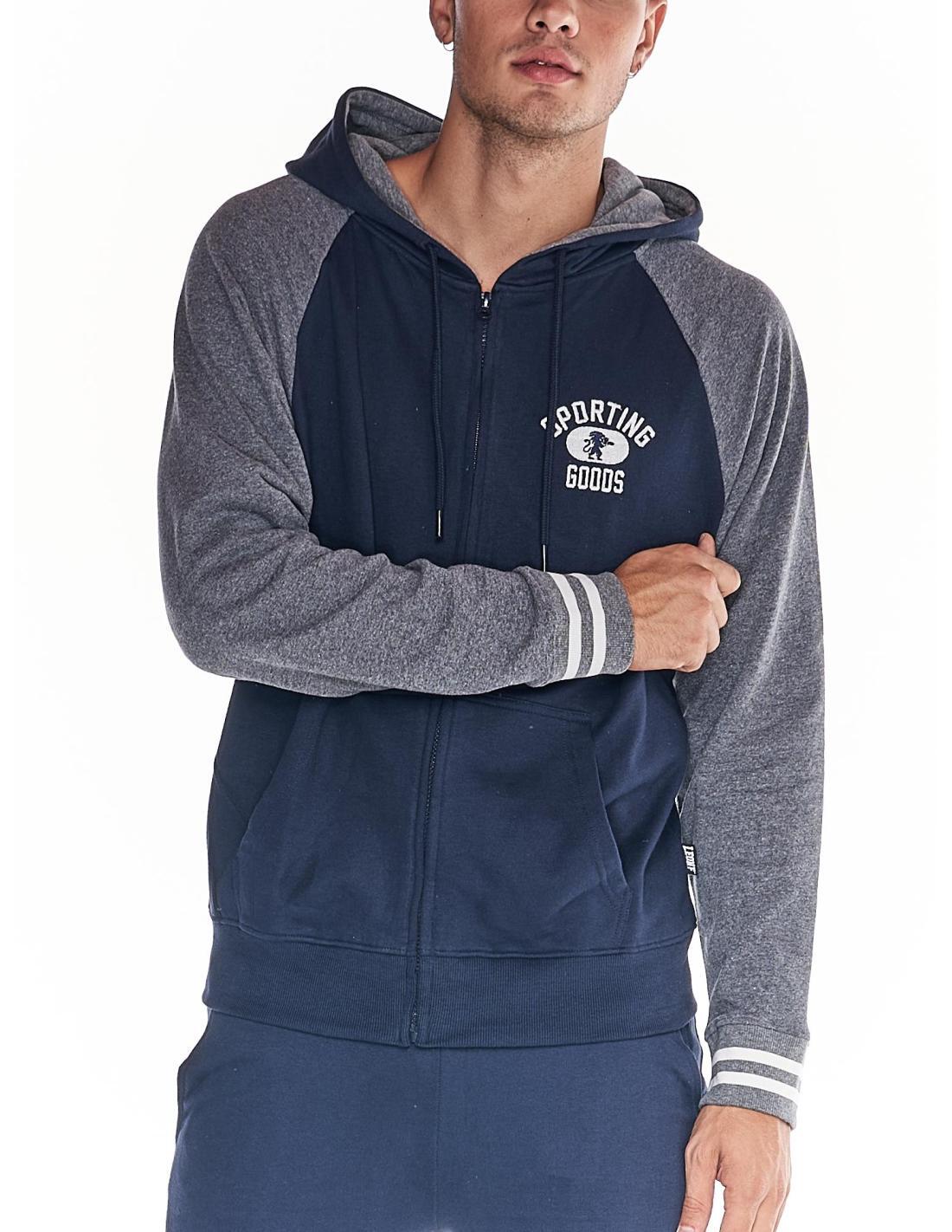 Fato de treino masculino universitário com capuz e zíper completo em dois tons 5/7