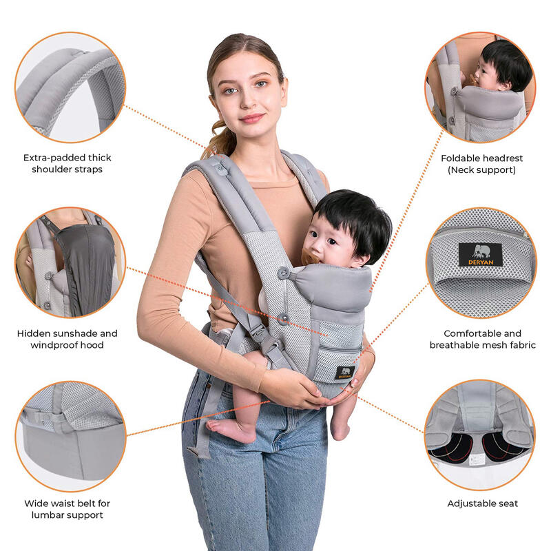 Sac de portage ergonomique Deryan - Porte-bébé ventral 4-en-1 Gris