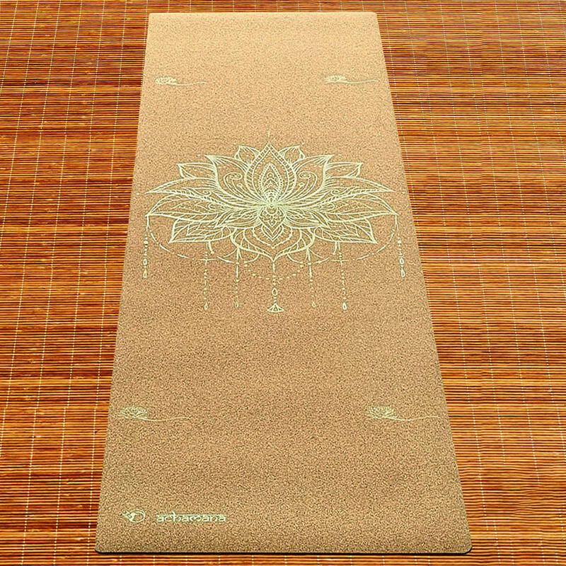 Tapis de yoga caoutchouc naturel & liège 5mmx68cmx1,83m Lotus or + sac yoga