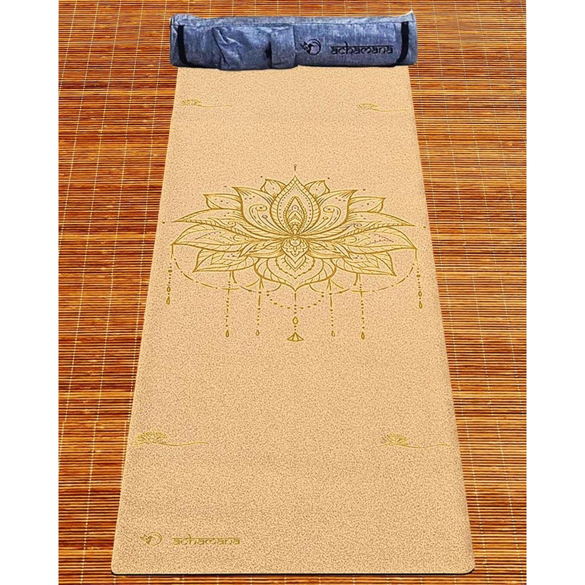 Tapis de yoga caoutchouc naturel & liège 5mmx68cmx1,83m Lotus or + sac yoga