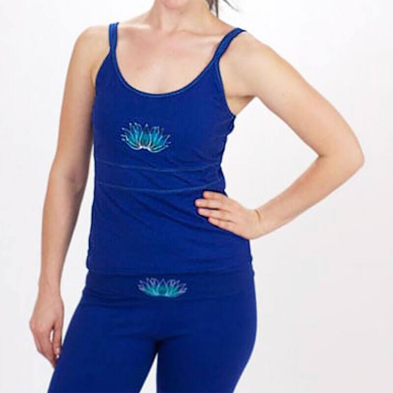 Tee shirt yoga femme coton coupe camisole bretelles réglables fleur lotus bleu