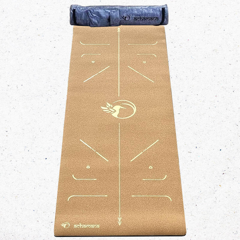 Tapis yoga liège new génération, 3 plis, 6 mm, Marqueurs débutant or + Sac yoga
