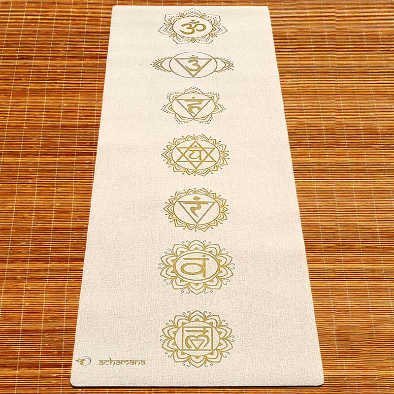 Tapis de yoga caoutchouc naturel et chanvre 4,5 mm - 7 chakras Or + Sac de yoga