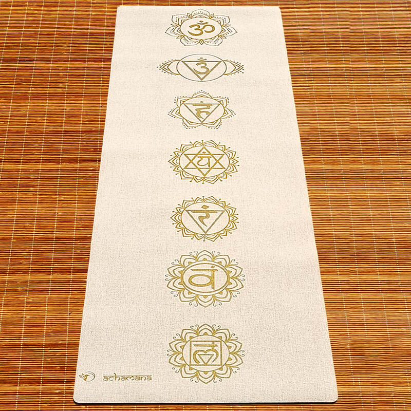 Yogamat natuurrubber en hennep 4,5 mm - 7 chakra's goudprint + Yogatas