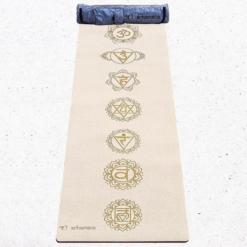 Tapis de yoga caoutchouc naturel et chanvre 4,5 mm - 7 chakras Or + Sac de yoga