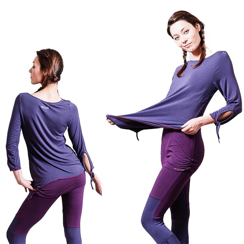 Tee shirt yoga femme Bambou coupe fluide asymétrique manches 3/4 lavande-violet