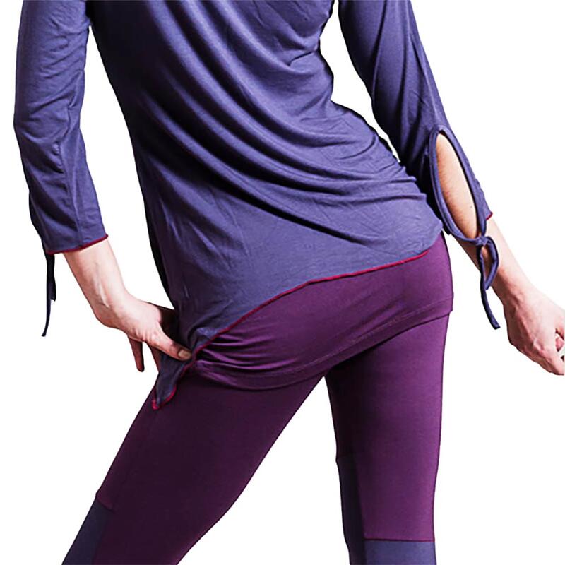 T-shirt ioga de bambu para mulher com corte assimétrico fluido, mangas 3/4 lilás