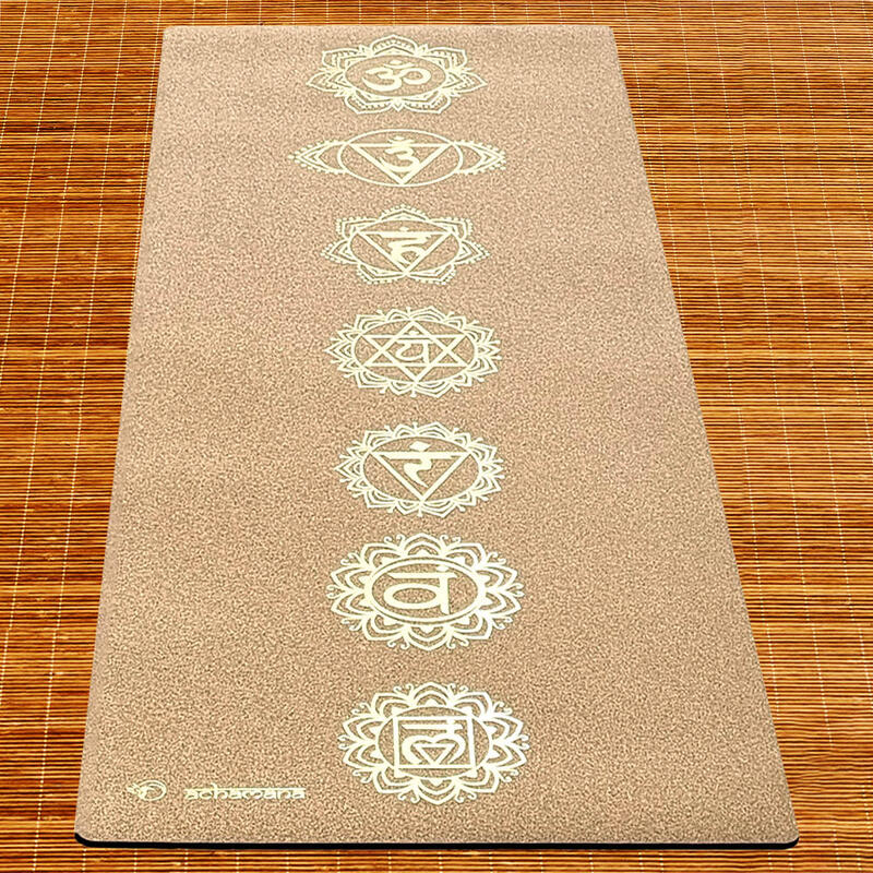 Tapete de ioga de cortiça, 3 camadas, 6 mm, 7 chakras dourados + Saco de ioga