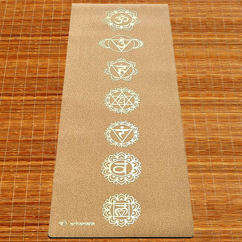 Tapete de ioga de cortiça, 3 camadas, 6 mm, 7 chakras dourados + Saco de ioga