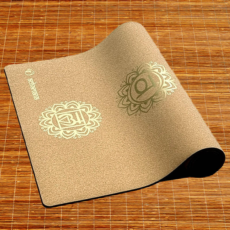 Tapis yoga liège nouvelle génération, 3 plis, 6 mm, 7 chakras or + Sac yoga