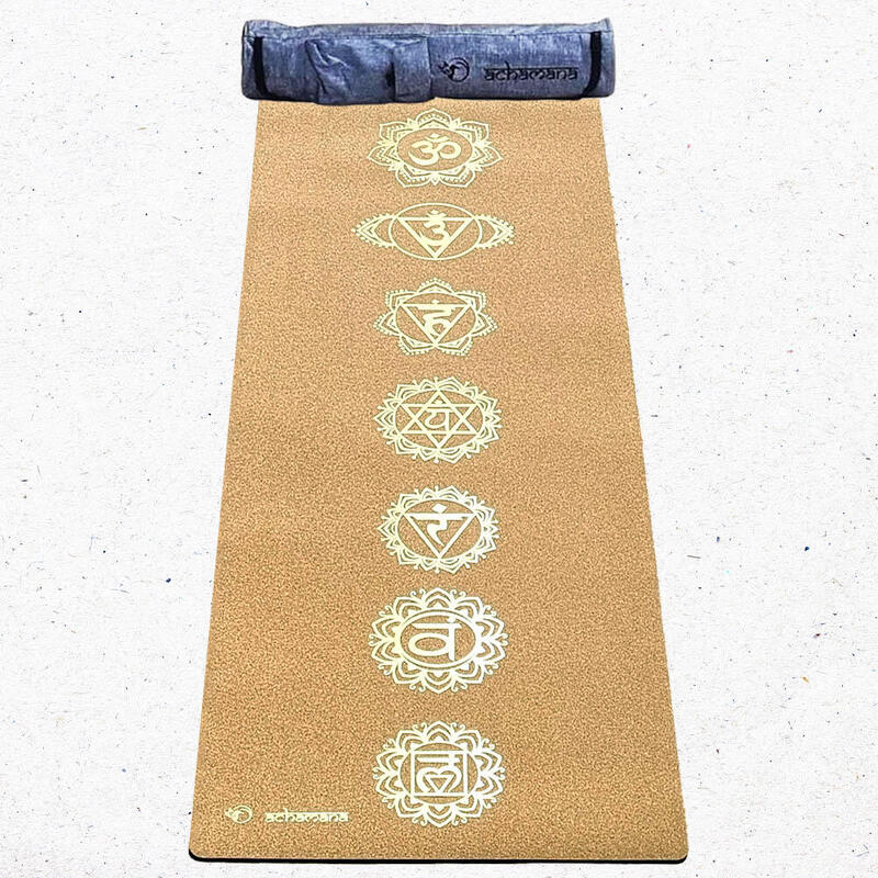 Tapis yoga liège nouvelle génération, 3 plis, 6 mm, 7 chakras or + Sac yoga