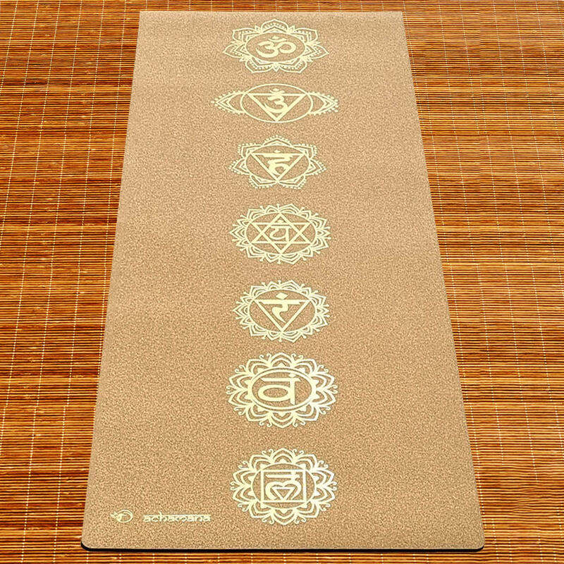 Tapis de yoga Caoutchouc-Liège 5mmx68cmx1,83m 7 chakras impression or +Sac yoga