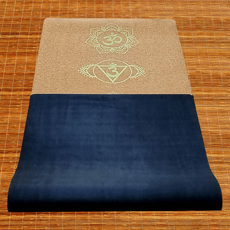 Tapis de yoga Caoutchouc-Liège 5mmx68cmx1,83m 7 chakras impression or +Sac yoga