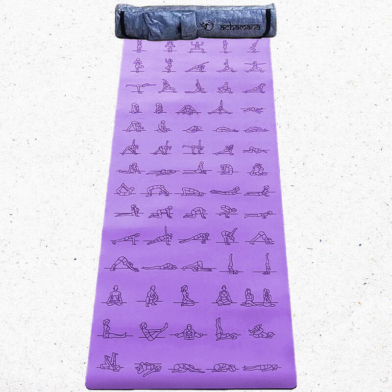 Tapis yoga caoutchouc-PU 5mm postures gravées grip mains sèches ou humides +Sac