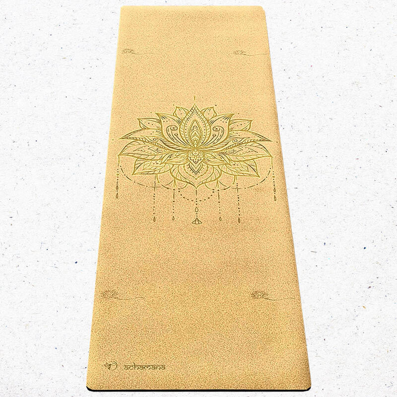 Reis yogamat latex en kurk 1,2mmx68cmx1,83m - Gouden lotusbloem + riem