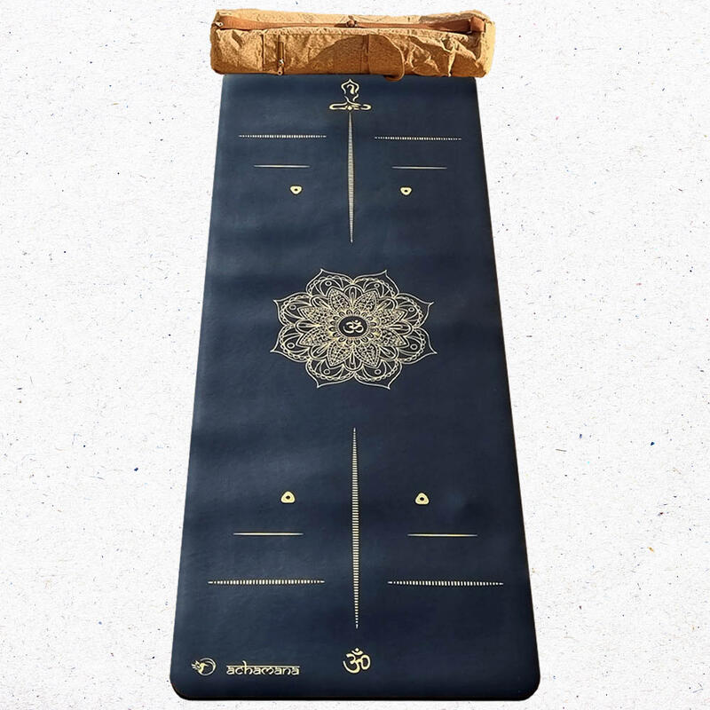 Tapis yoga pro gomme & similicuir 5mm Mandala Or, mains sèches ou humides + Sac