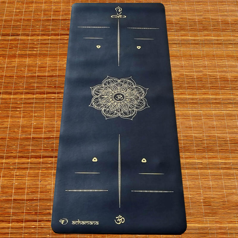 Tapis yoga pro gomme & similicuir 5mm Mandala Or, mains sèches ou humides + Sac