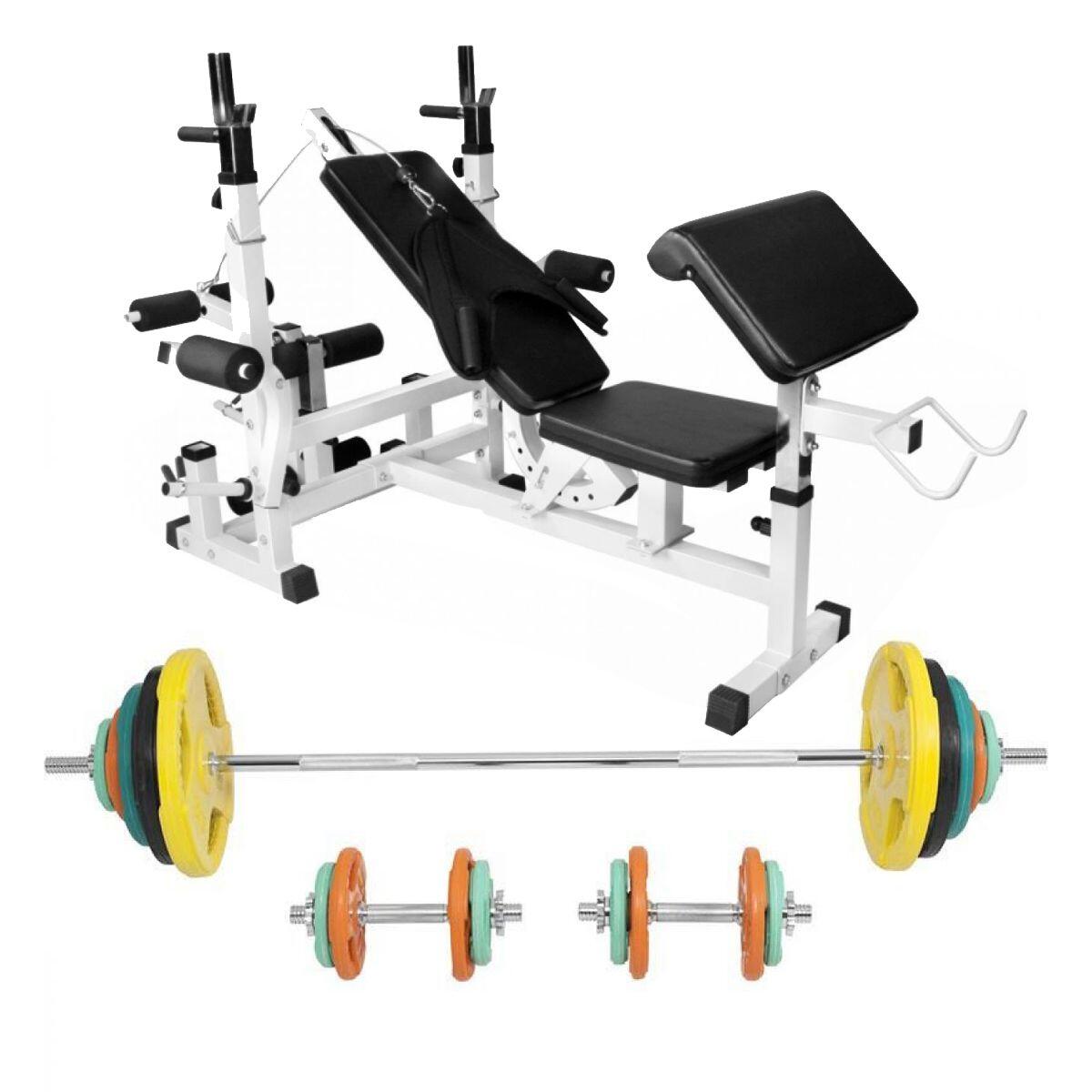 GORILLA SPORTS Universele Halterbank Wit Met 100 kg Halterset Gripper Gietijzer (Rubber
