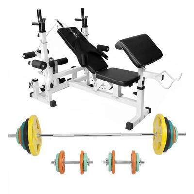 Universele halterbank wit met 100 kg halterset gripper gietijzer (rubber