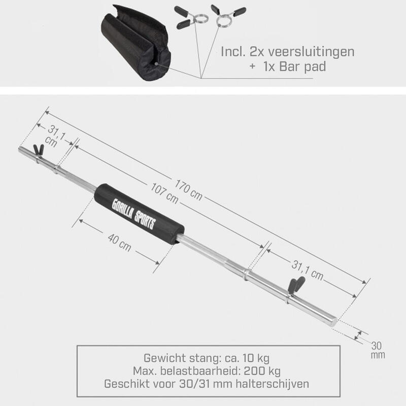 Halterstang - Barbell - 170 cm - Met Bar Pad - Nekkussen - 30/31 mm - Incl.