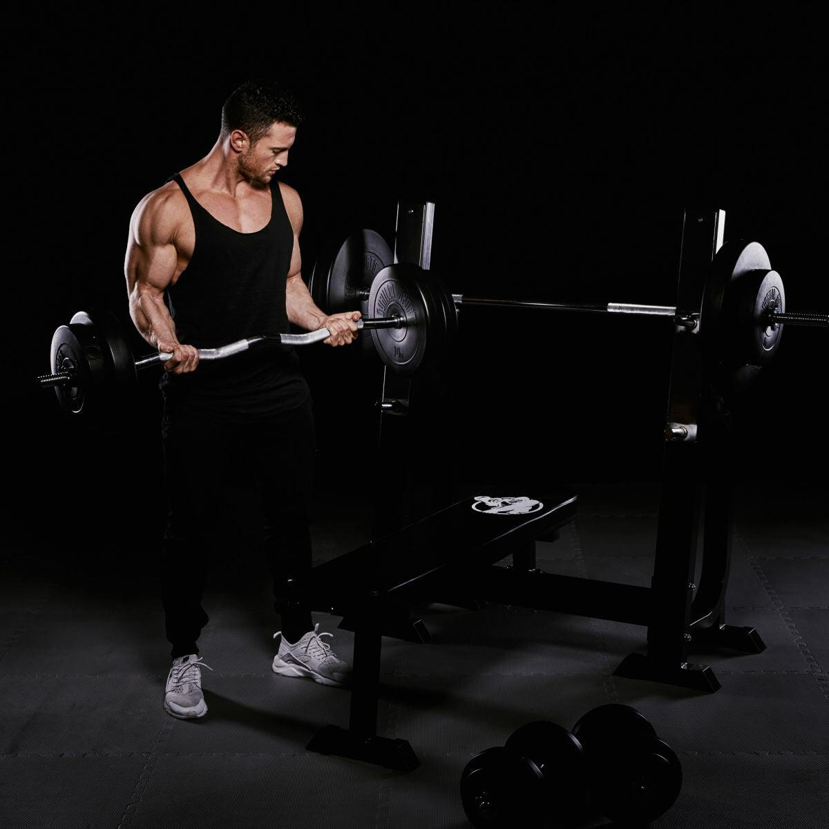 Gorilla Sports Vlakke Halterbank + 100 kg Halterset - Kunststof 7/7