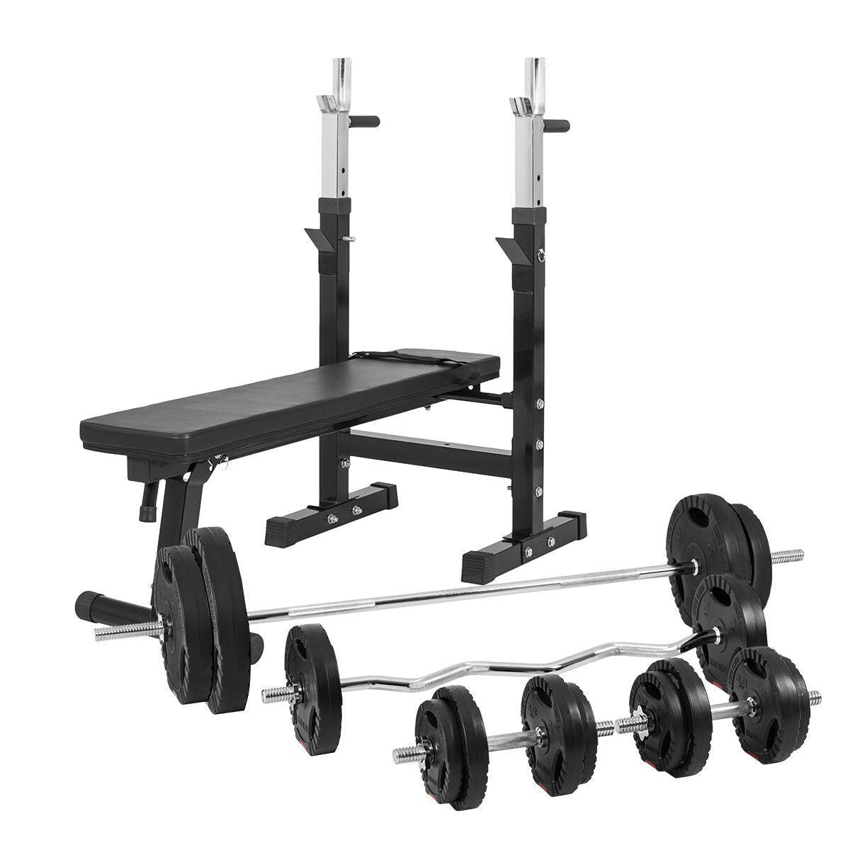 GORILLA SPORTS Halterbank Zwart Met 100 kg Halterset - Fitnessbank - Verstelbaar - Halterstang