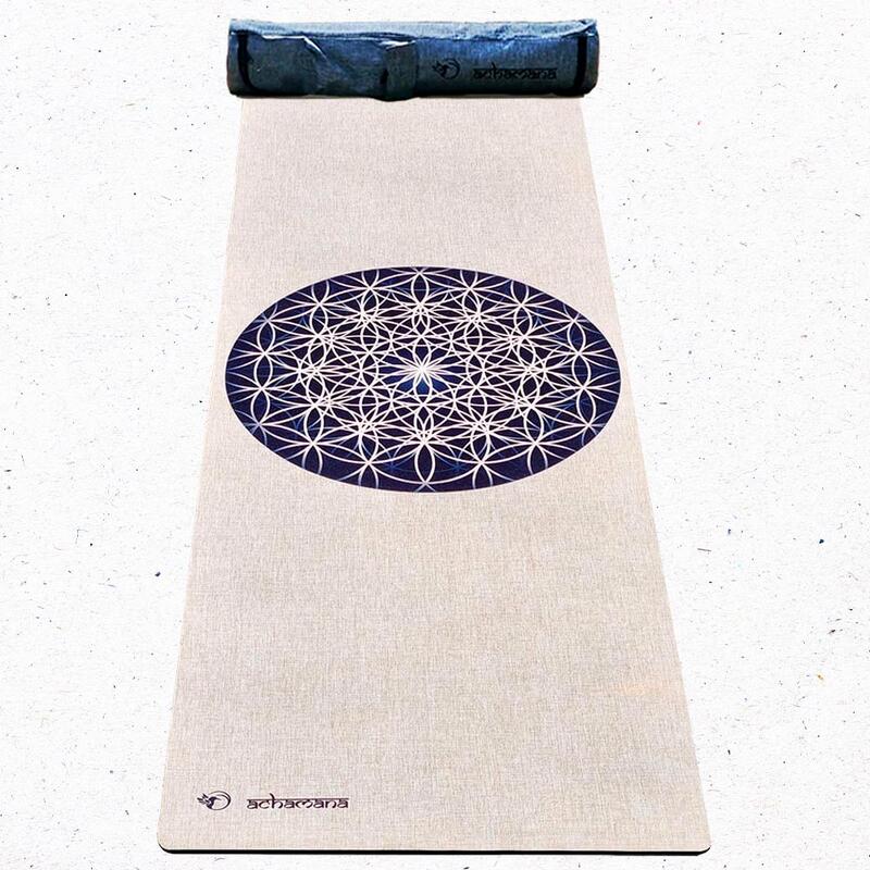 Tapis de yoga caoutchouc naturel et chanvre 4,5 mm + Sac transport- Fleur de vie