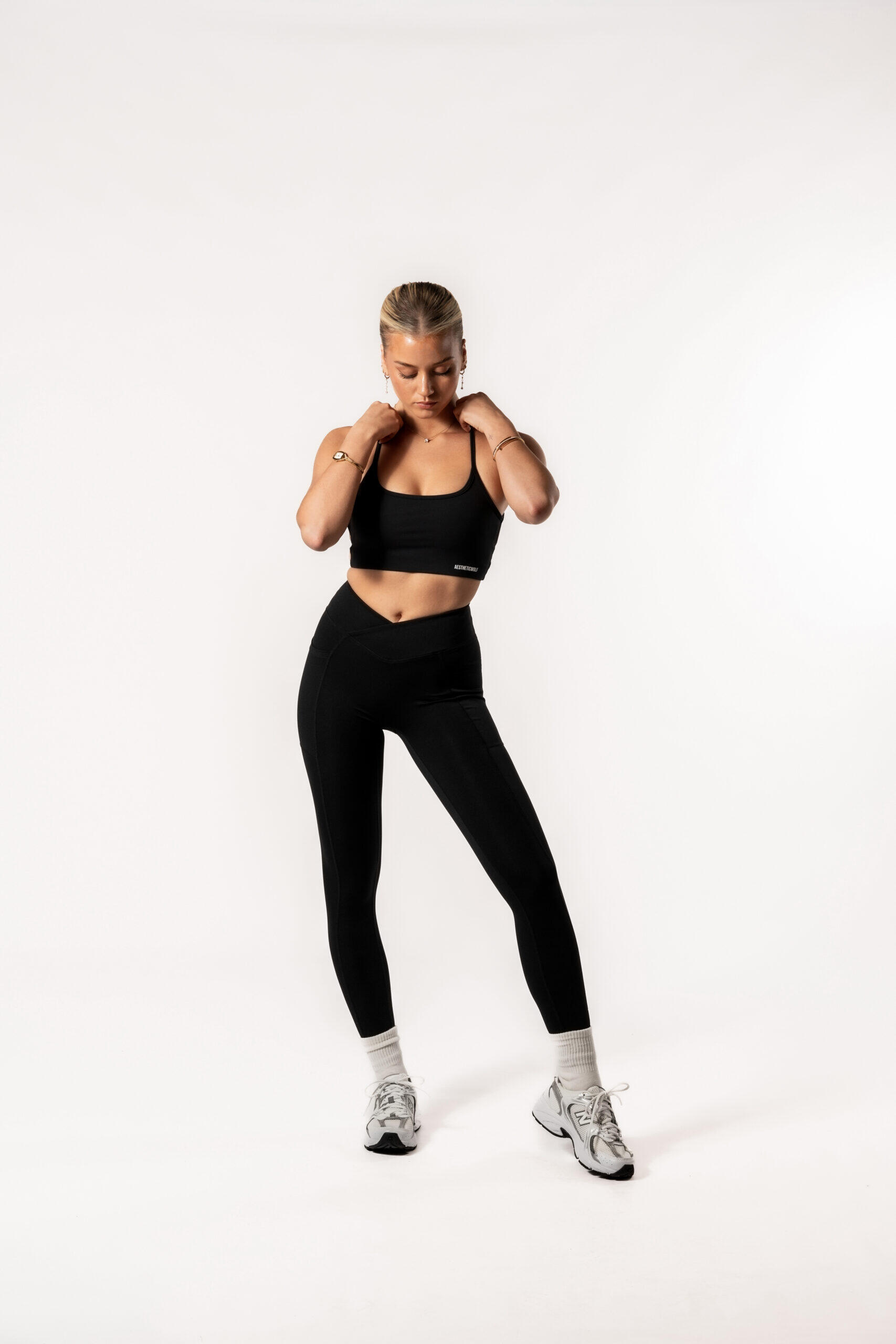 Damen Leggings mit gekreuztem Bund und Taschen für Fitness schwarz 5/5