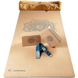 Pack yoga liège Mandala pour débutant & yogi, Tapis yoga liège, 2 briques sangle