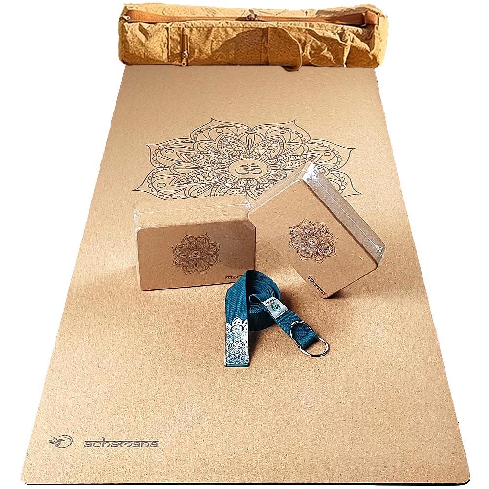 Achamana - Pack Yoga Liège Mandala Pour Débutant & Yogi, Tapis Yoga Liège, 2 Briques Sangle - Tapis De Yoga - Beige - 183 Cm - Decathlon