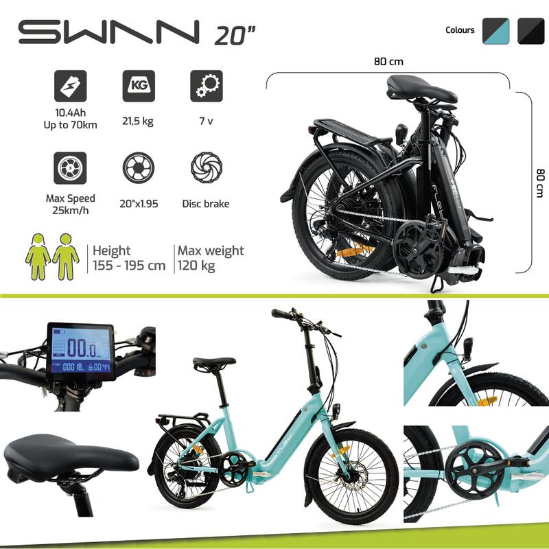 Bicicletta elettrica pieghevole da città Swan Blu cielo | fino a 70 km - 10.4Ah