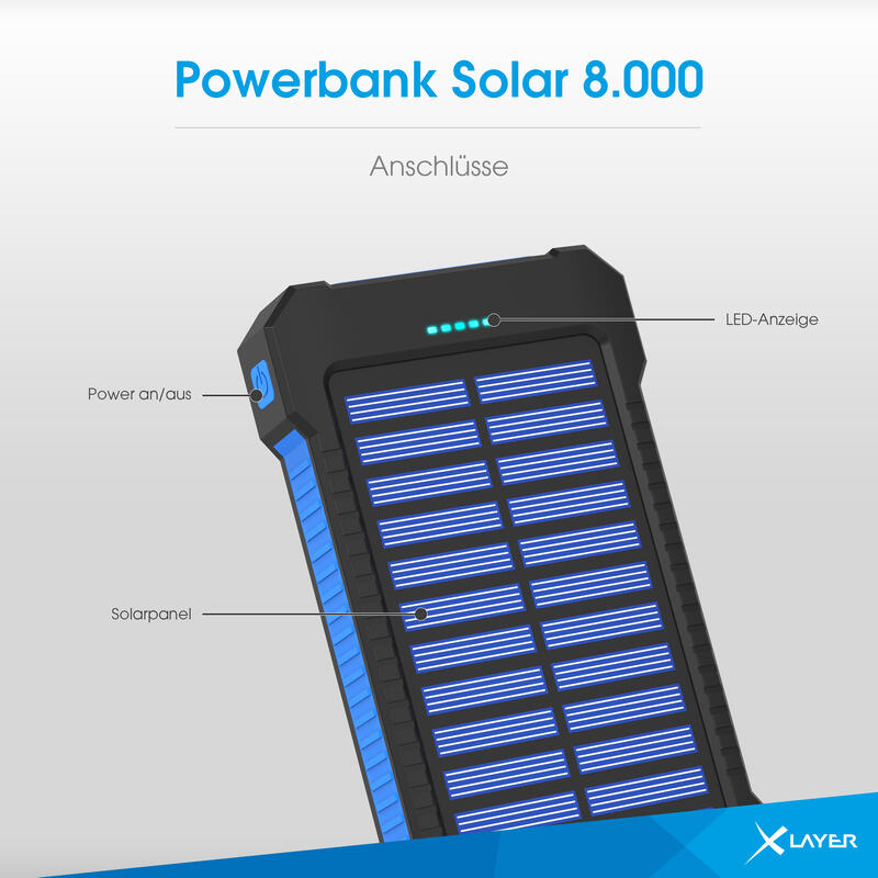 Zusatzakku XLayer Powerbank PLUS Solar Black/Blue 8.000 mAh