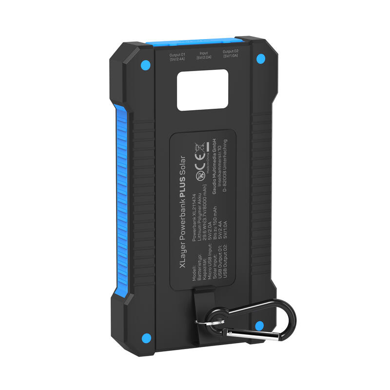 Zusatzakku XLayer Powerbank PLUS Solar Black/Blue 8.000 mAh