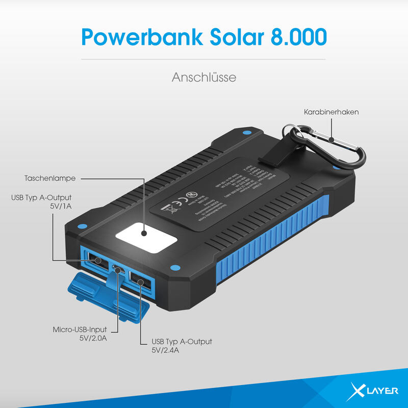 Zusatzakku XLayer Powerbank PLUS Solar Black/Blue 8.000 mAh