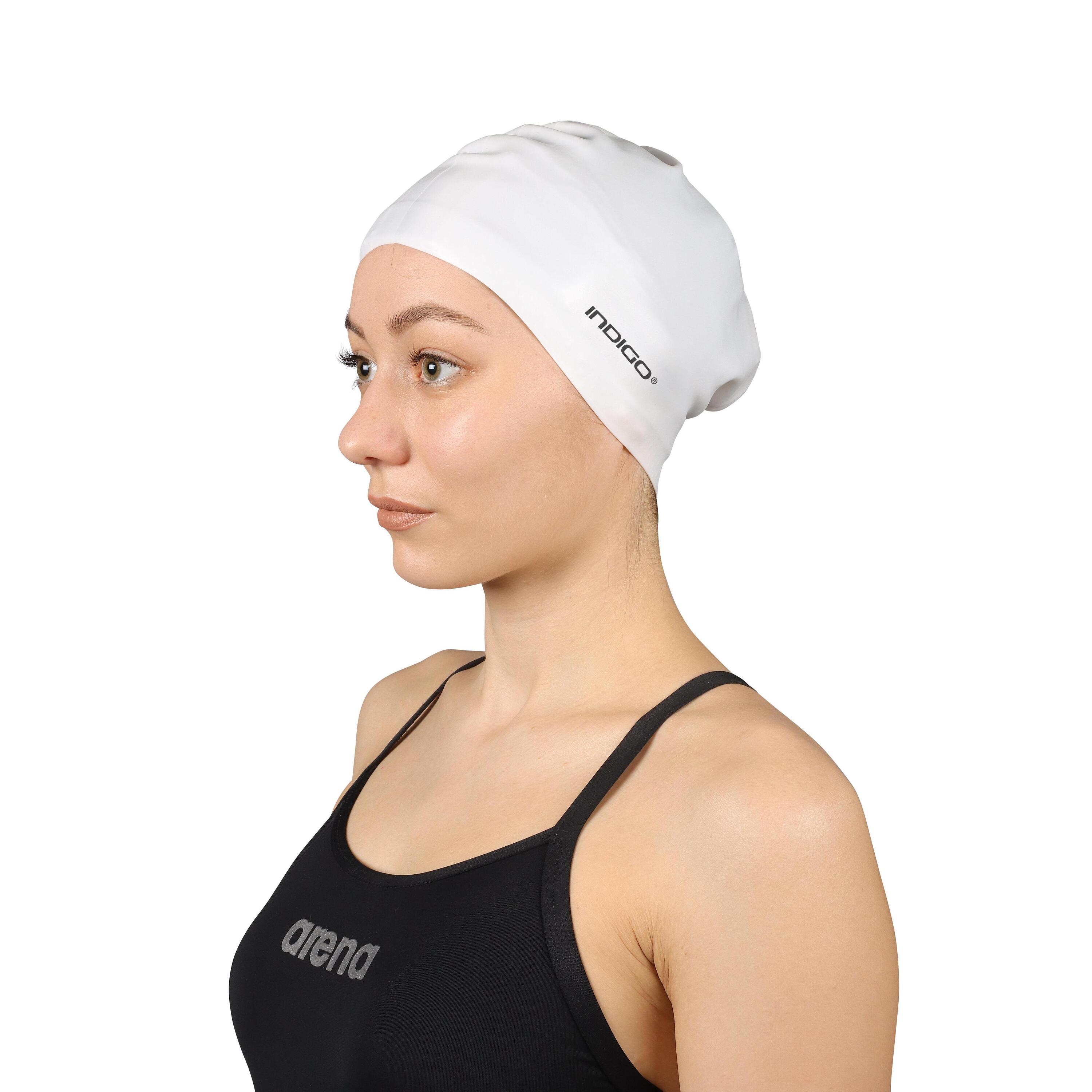 Gorro de Natación Silicona para Cabellos Largos  INDIGO  Blanco 3/5