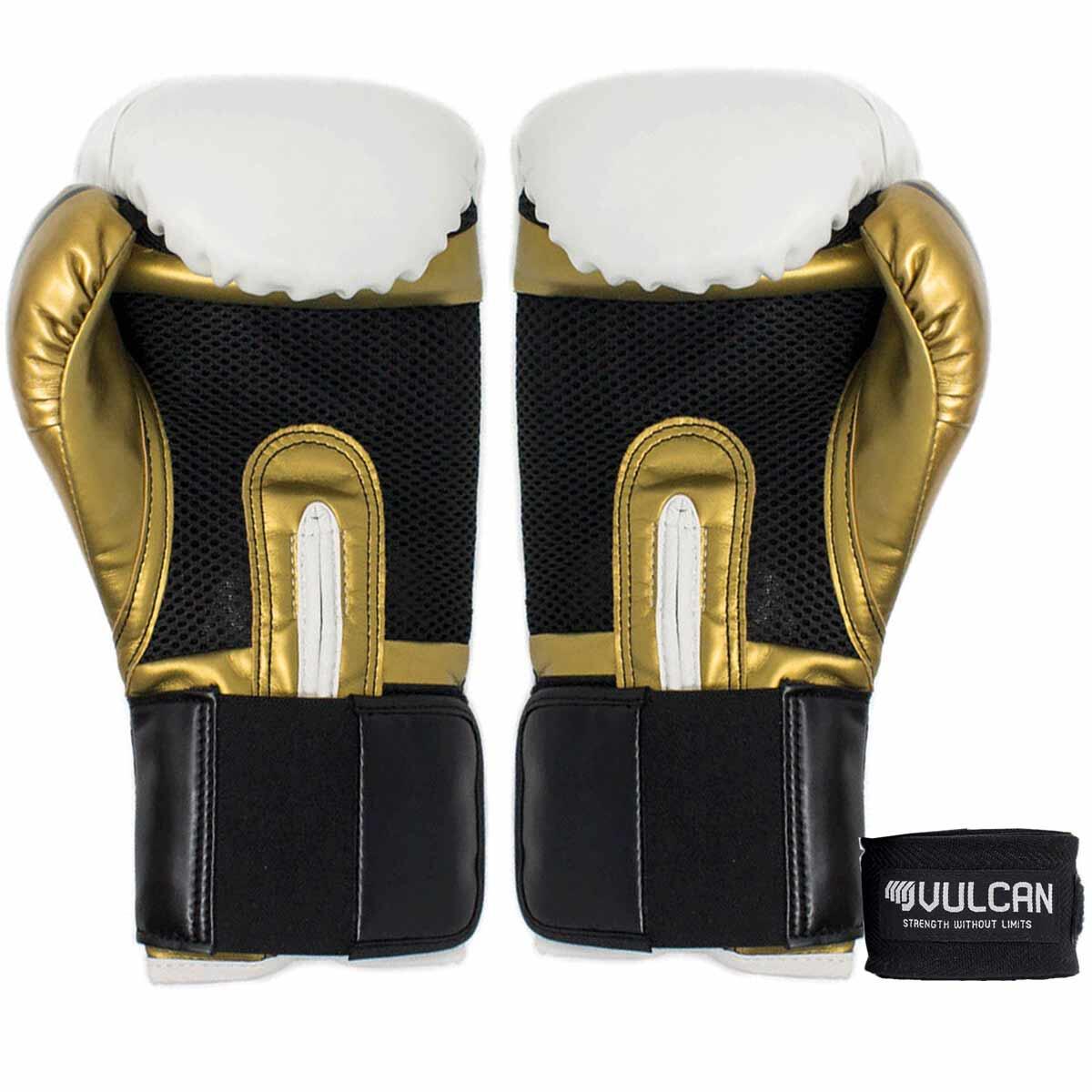 VULCAN BOXING GLOVES 16oz WHITE/GOLD WITH HANDWRAPS 5/7