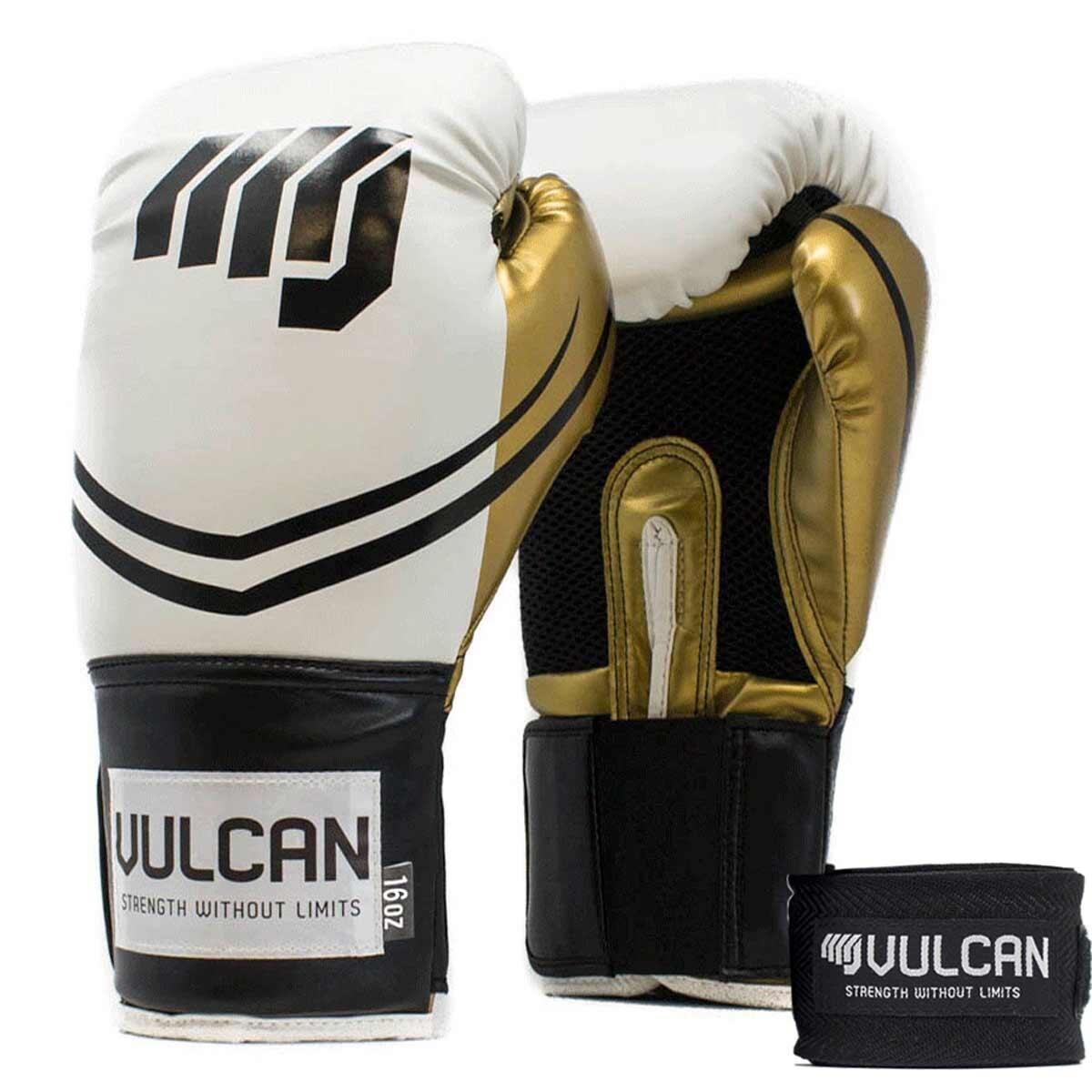 VULCAN VULCAN BOXING GLOVES 16oz WHITE/GOLD WITH HANDWRAPS