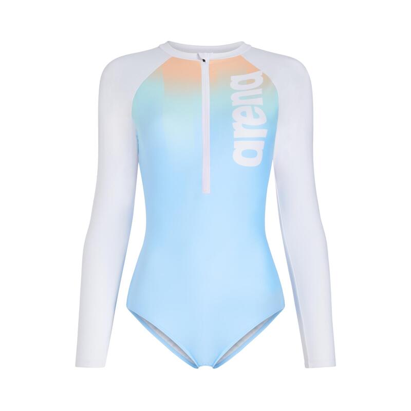 LADIES SWIMWEAR PASTEL POP LONG SLEEVE HALF ZIP BODYSUIT - WHITE