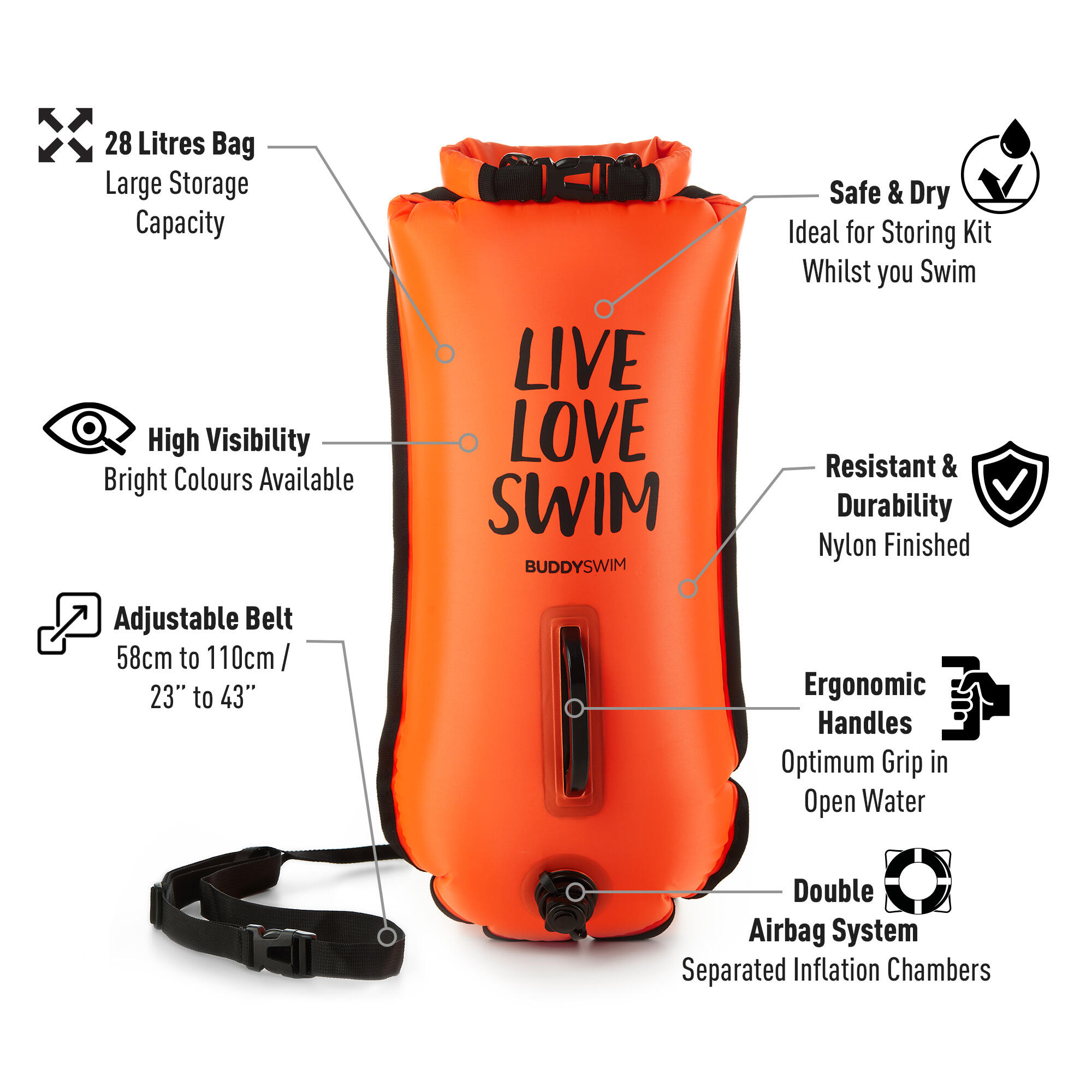 Boa nuoto in acque libere da 28 litri e cappello da nuoto Buddyswim Arancione 2/8